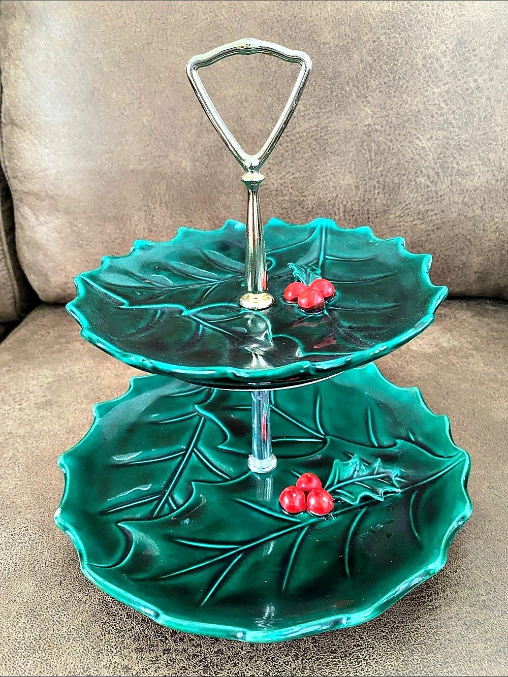Vintage Lefton Green Holly Two-Tiered Holiday Serving Tray